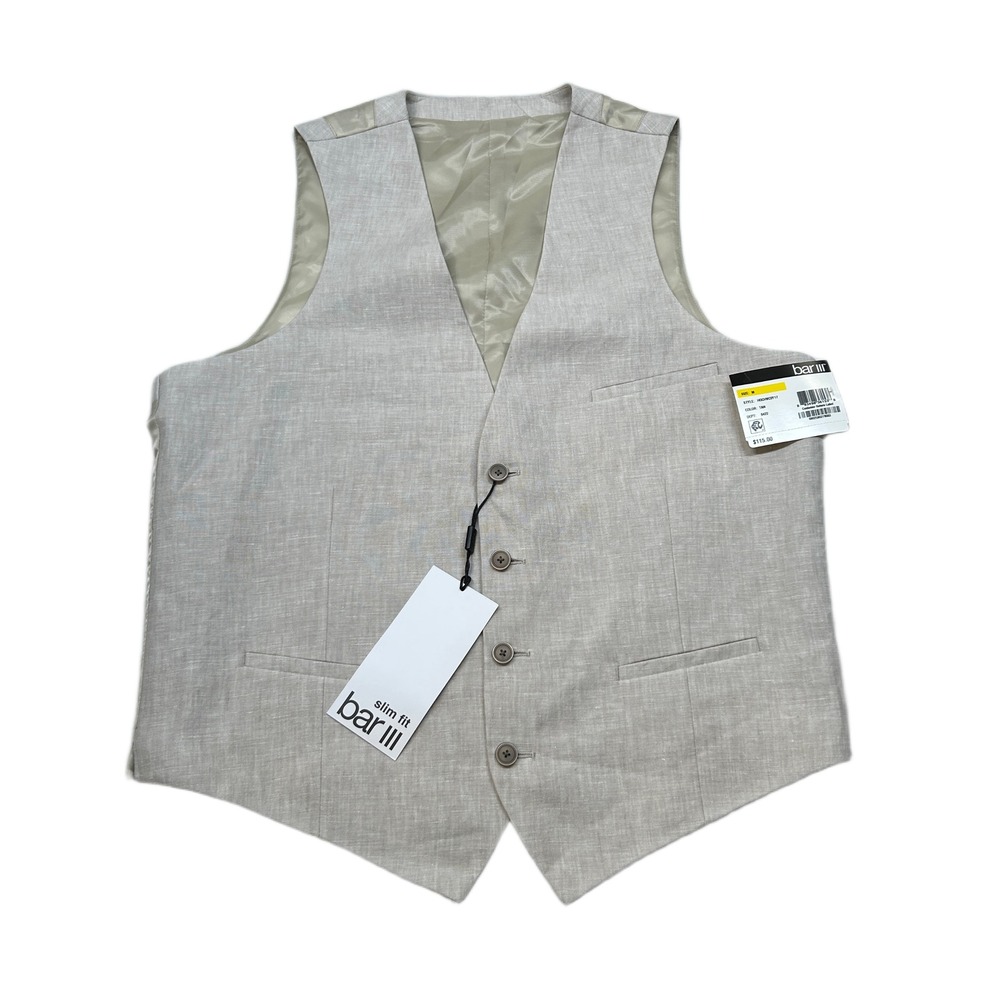 Bar‎ III Slim Fit Suit Vest Mens Medium Tan Linen Dressy Casual NEW